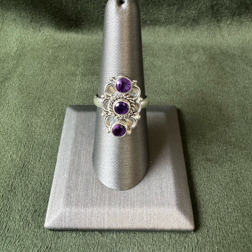 Elegant African Amethyst 3 Stone and 925 Sterling Ring